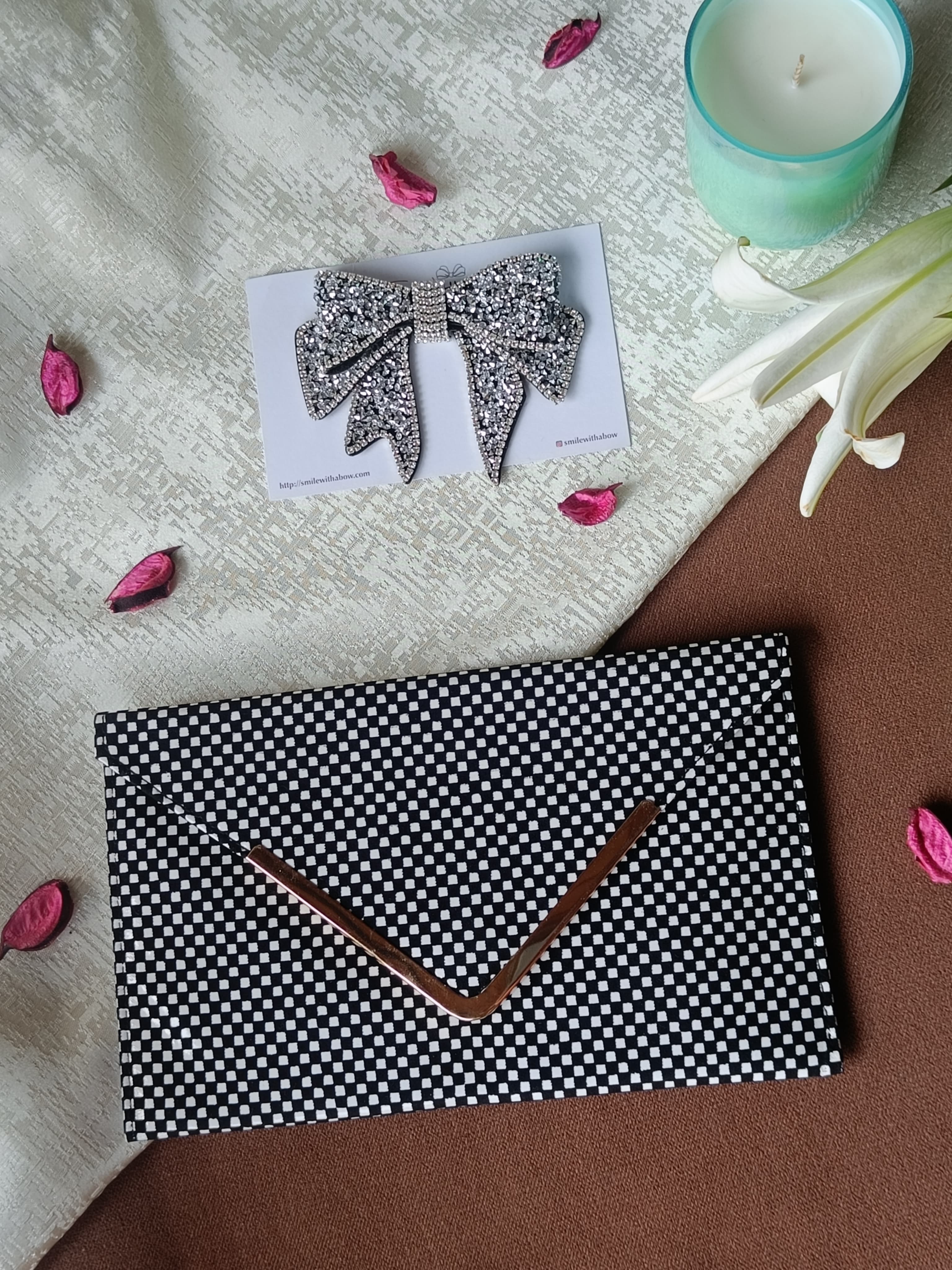 Luxury Bejeweled Bow and Modern Mosaic Clutch Combo